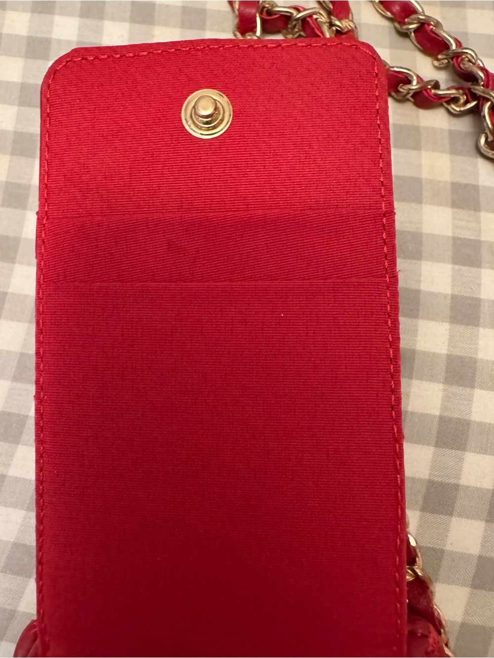 Quilted Red Leather Chain Crossbody Phone Pouch with Gold CC - Picture 4 of 8